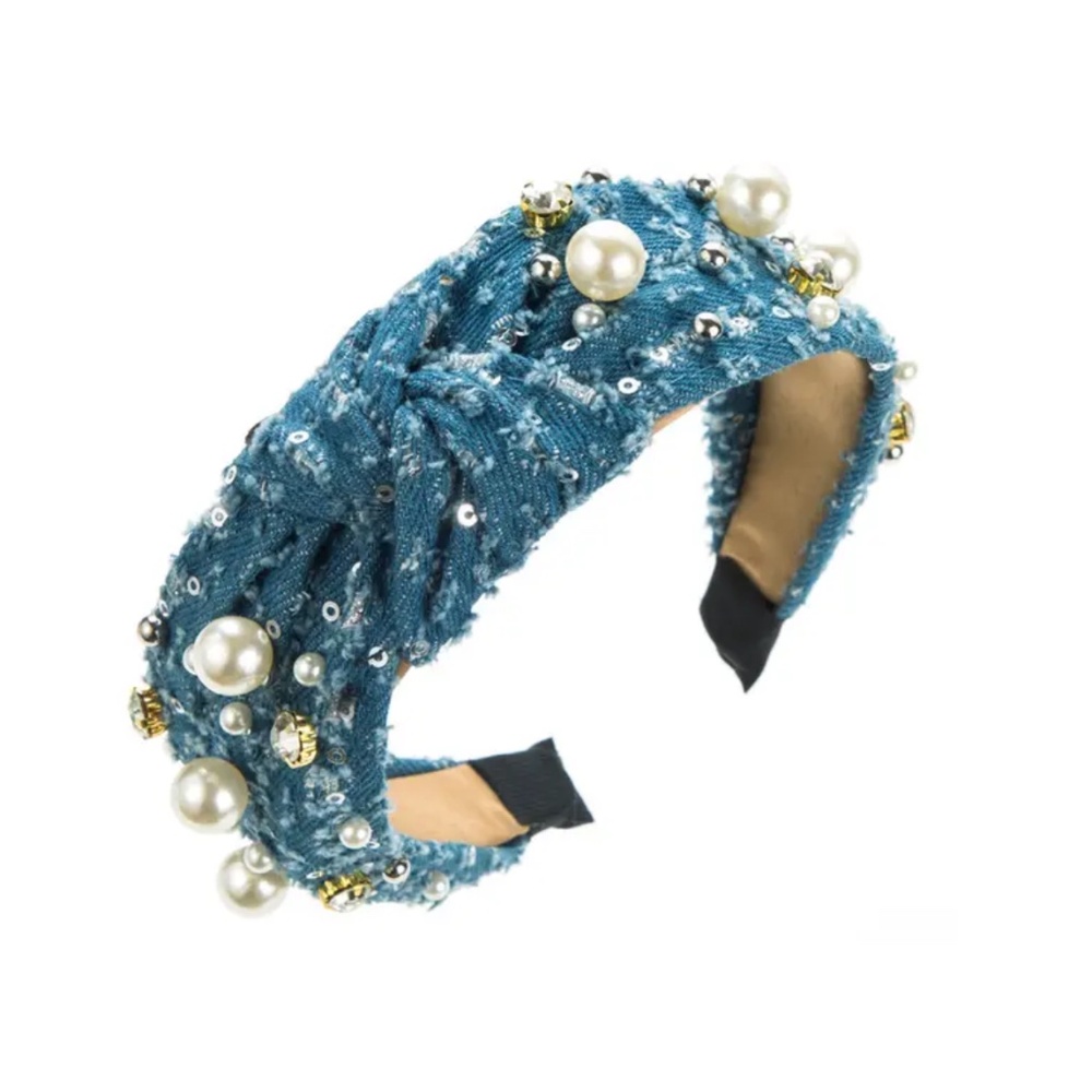 Blue Denim Rhinestone & Pearl Headband